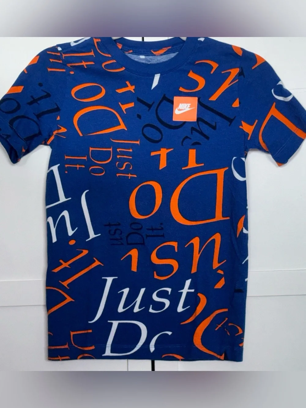 Nike Blue Short-Sleeve Tee w/Orange Graphic Letters | Boys MED